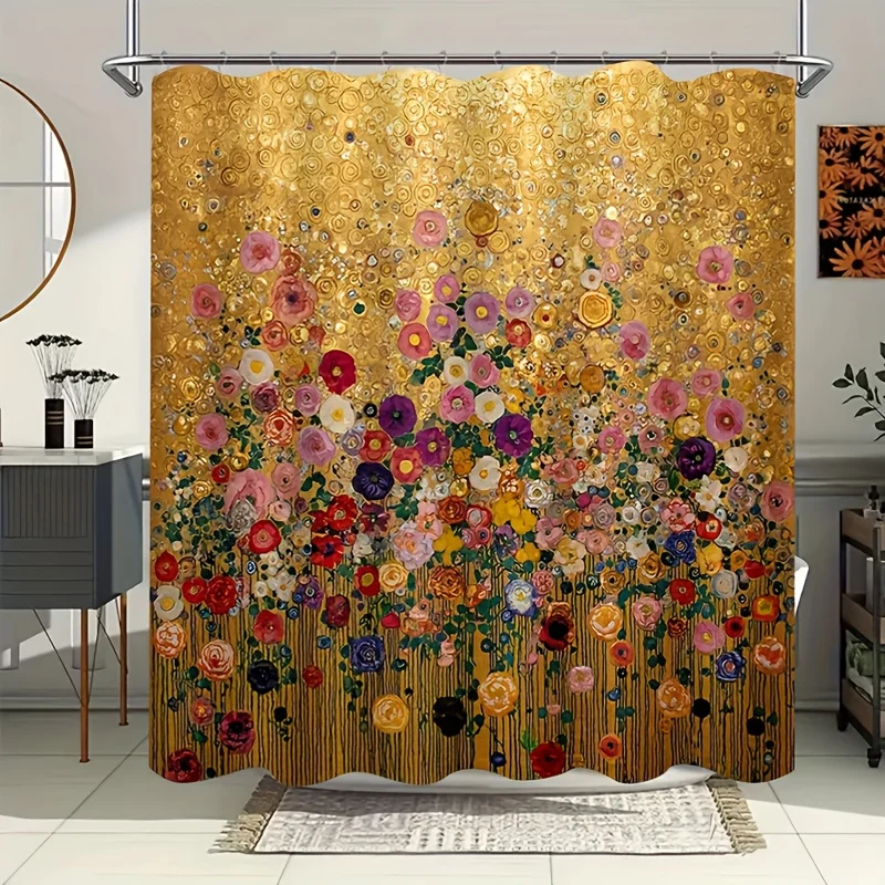 Luxury Gold Floral Print Shower Curtain Waterproof Polyester Bathroom Decor Curtain for Tropical Bloom Pattern Home Accent Spa S - view 3