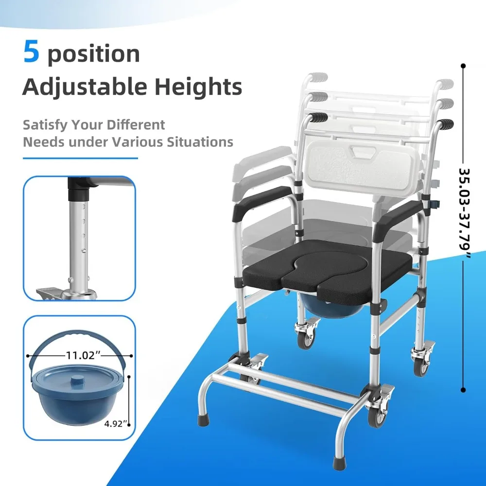 Health & Household 4 in 1 Rolling Bedside Commode Chair with Wheels for Elderly, Shower Chair with Handles