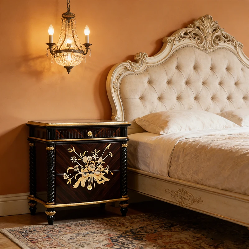 !@Baroque-inspired Hand-carved Solid Wood Gold Foil Frame High-gloss Black Finish Luxury French Nightstand 2 Bedroom Apartment