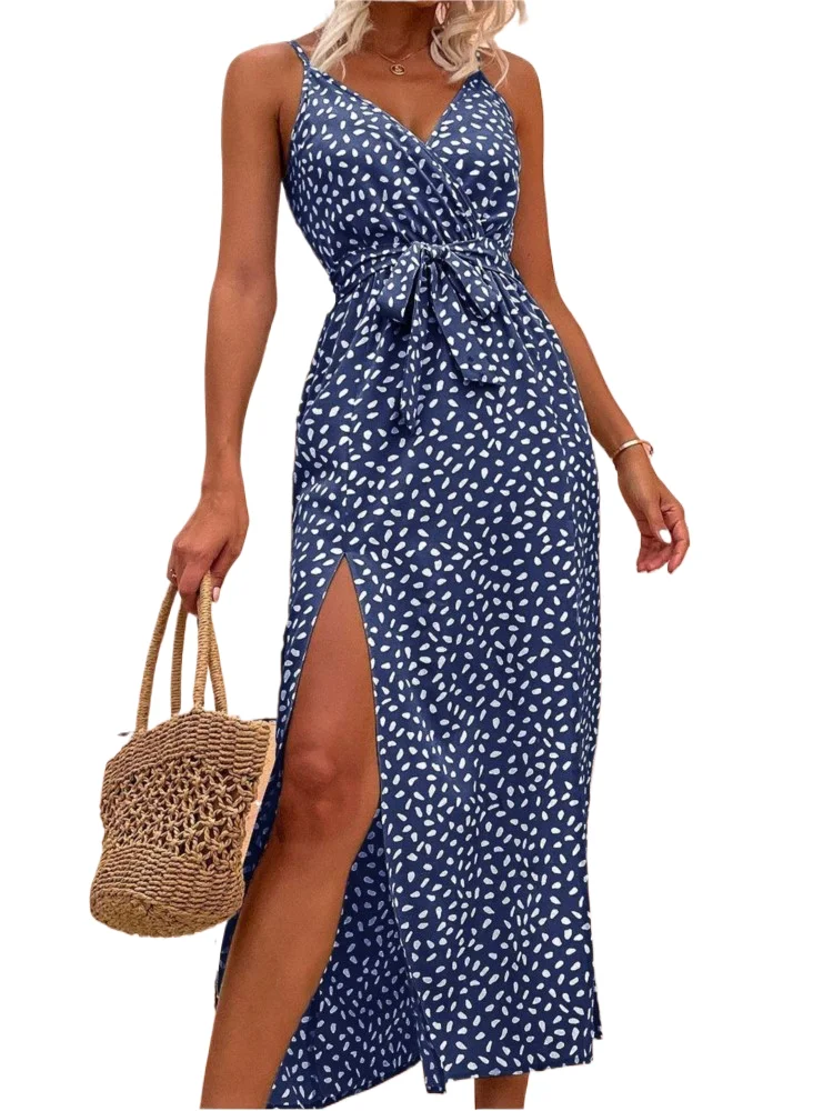 

Women V Neck Print Dress Casual Boho Beach Holiday Dresses Robe Femme Fashion Sleeveless Backless Loose Dresses Lady Summer New