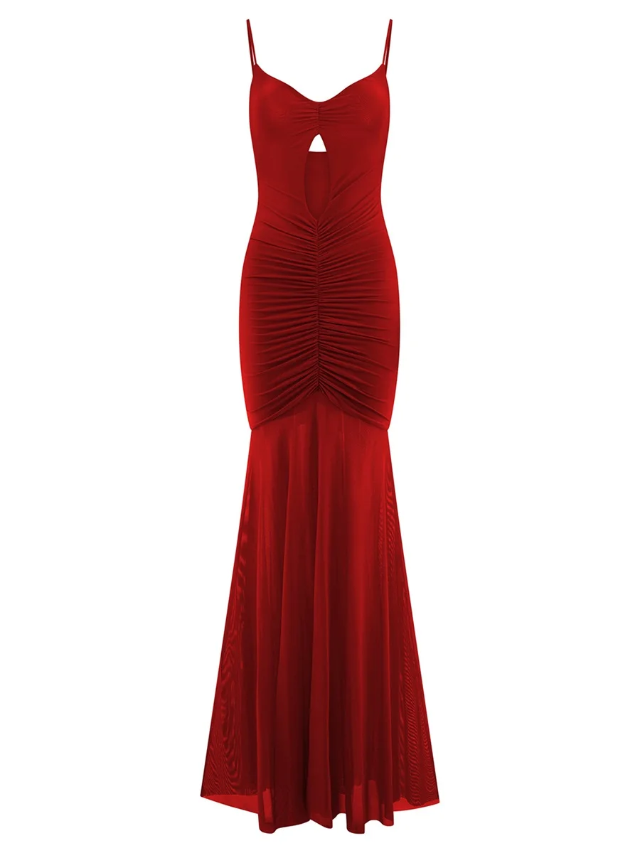 Elegant Sleeveless Maxi Dress with Ruched Detailing and Cutout Front Spaghetti Strap Backless Design for Women
