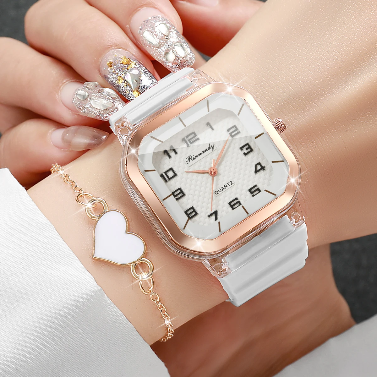 4PCS Fashion Square Arabic Dial Women Wristwatch Bracelets Set Silicone Strap Quartz Watch For Ladies Clock(Without Box)