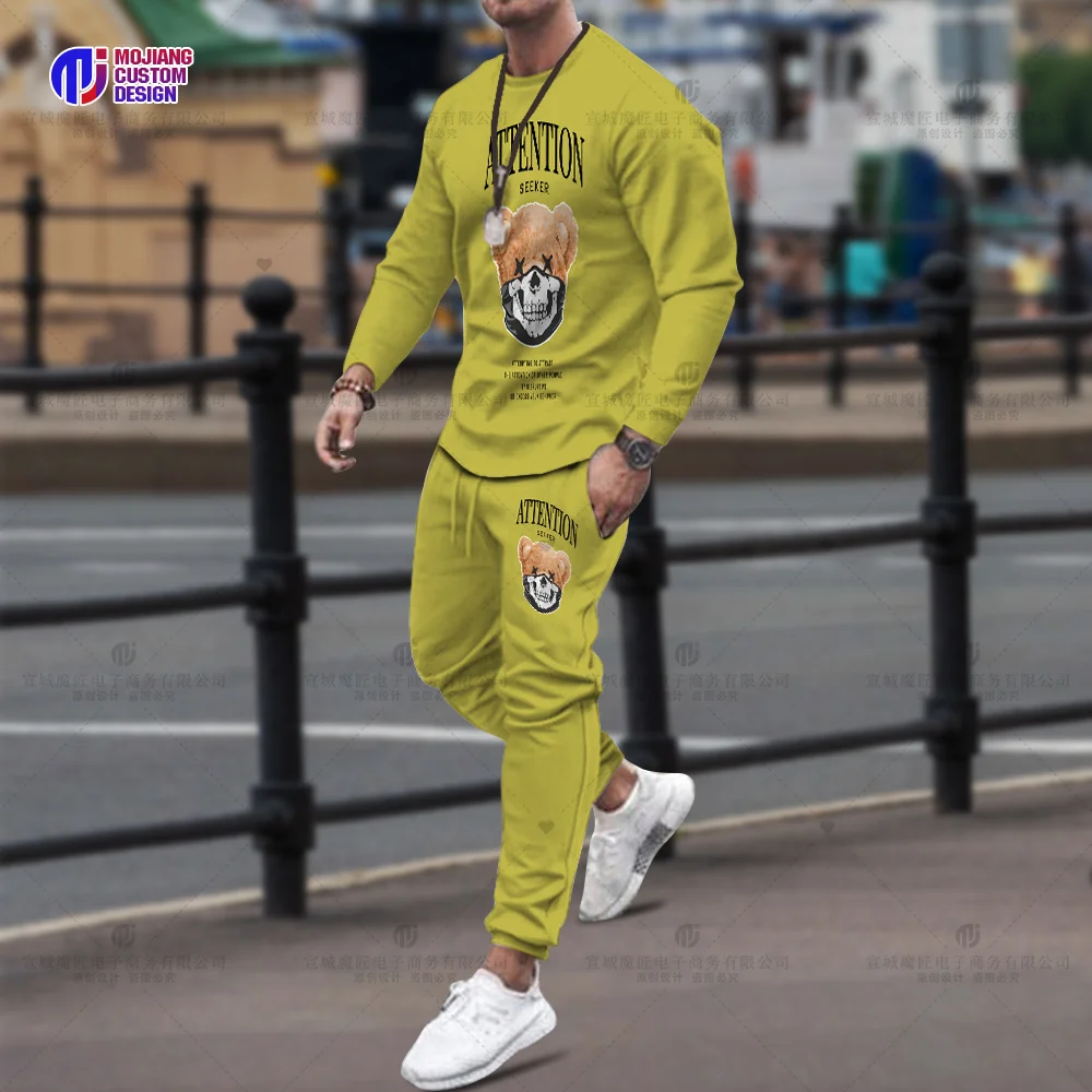 

2023 Funny Teddy Bear T-Shirt Long Sleeve Cool Robot Pattern Tops Harajuku Cartoon Street Men's Casual Fashion Pants Set Roupas