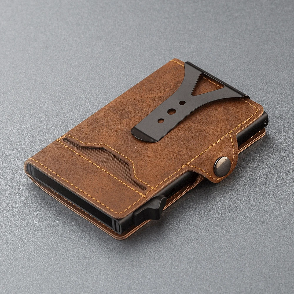 CASEKEY New Fashion Men Wallet Pu Leather Pop Up Card Holder Anti-RFID Slim Minimalist Smart Wallet with Money Clip & ID Window