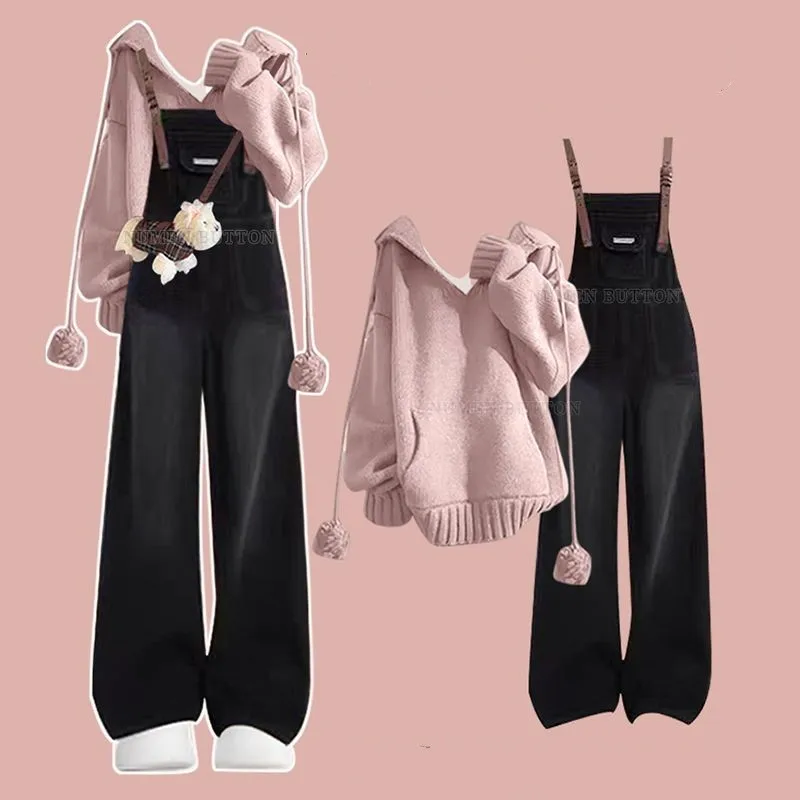 Otoño Invierno de las mujeres nuevo Vintage suéter de punto con capucha + pantalones vaqueros con correas traje de dos piezas coreano elegante pantalones vaqueros conjunto a juego