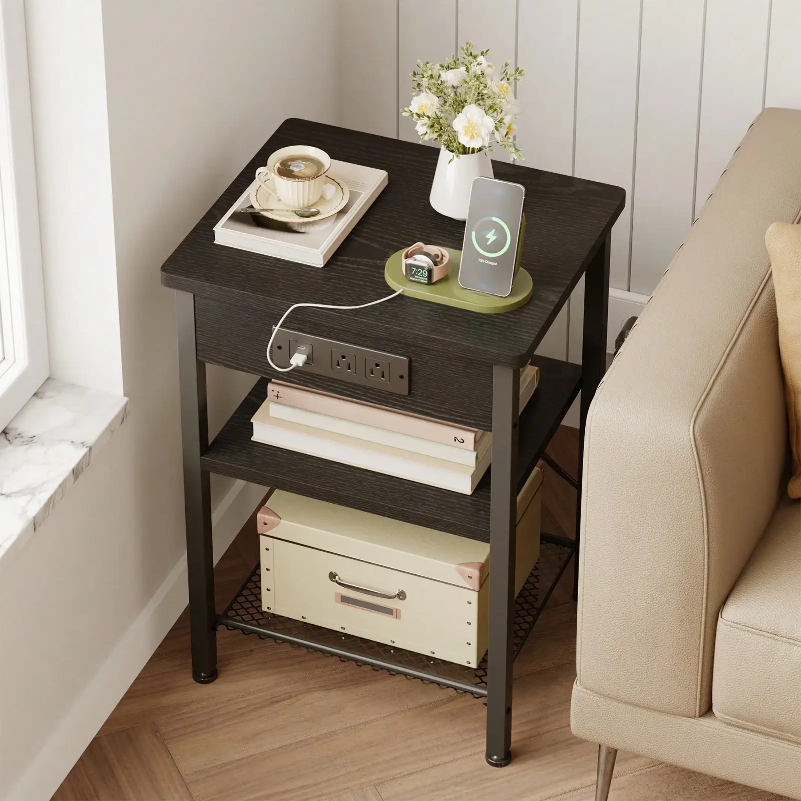 

Прикроватный столик с зарядной станцией, тумба для хранения вещей, 3-уровневая прикроватная тумба, тумбочка с тканевым ящиком, Sma