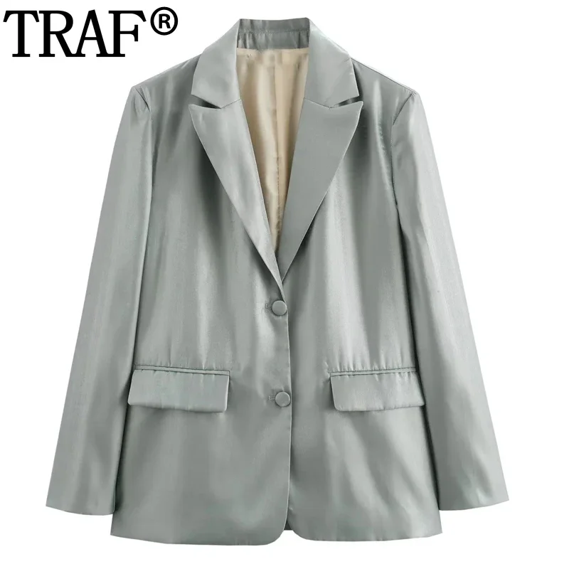 

TRAF 2024 Long Blazer For Women Metal Office Wear Button Elegant And Youth Blazer Spring Baggy Minimalism Silver Blazers Woman