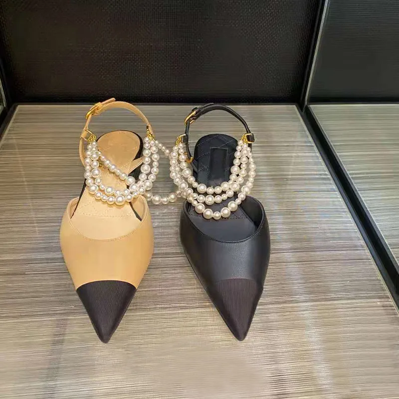 Pearl Chain Bag Head Sandals Women's Summer New Pointed French Celebrity Versatile Flats view 2