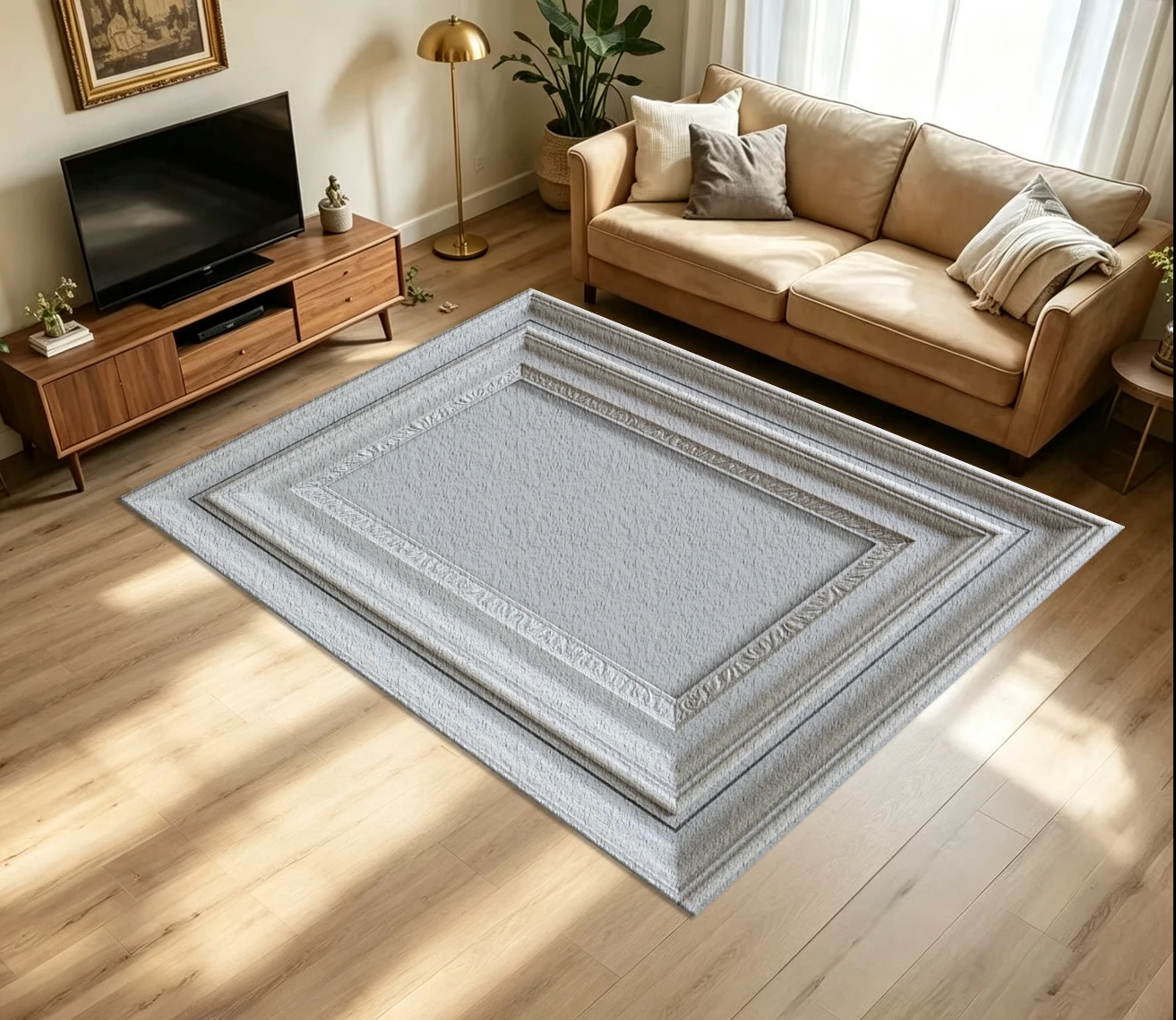 Vintage Carved Frame Style Carpet Flooring Light Grey Multi‑Layer Ornate Relief Border Texture Art Pattern Printed Floor Rug for Household Indoor Retro Style Home Decor