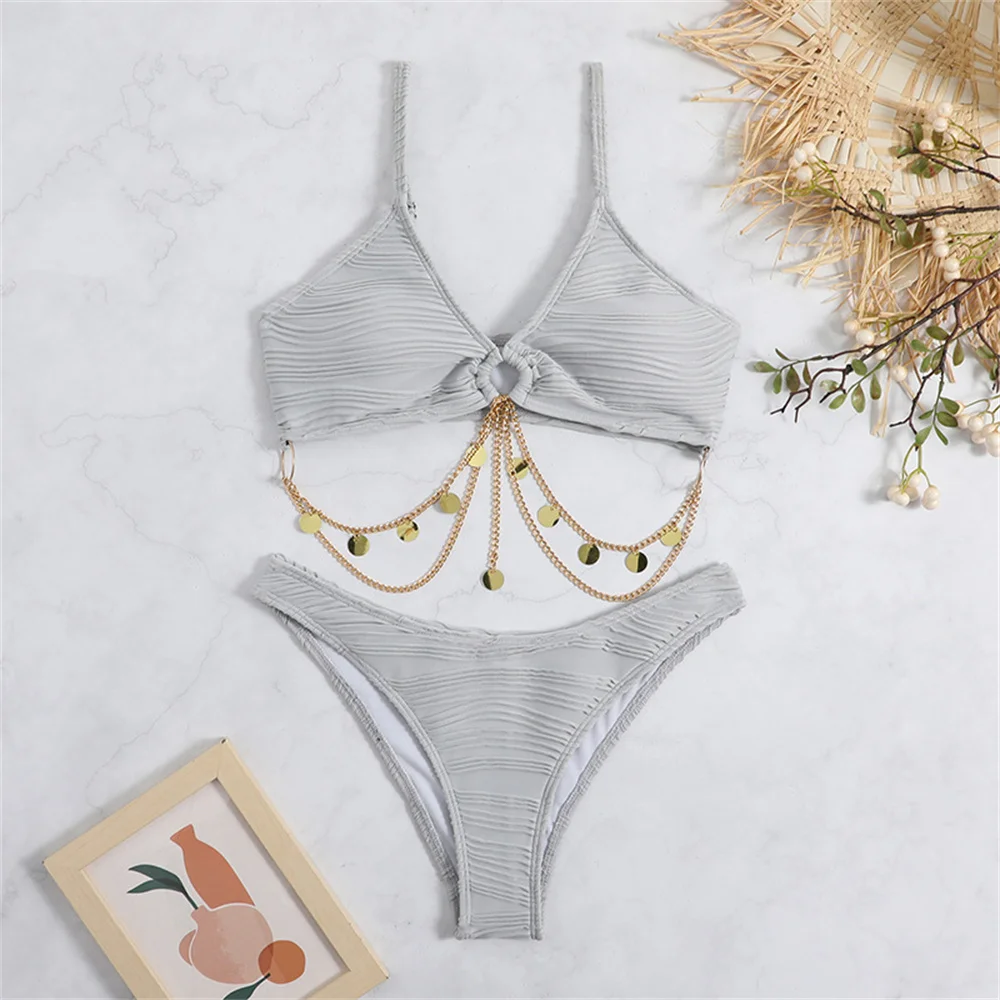 Gray Swimming Suit Bikini Pleated Sexy Chain Swimsuit Women 2 Piece Beach Swimwear Vacation Outfit Bathing Suit Bikinis De Mujer
