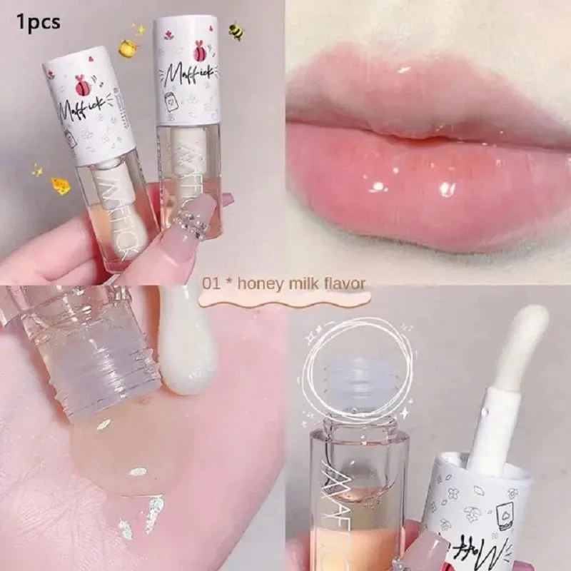 Aceite de labios de miel transparente, brillo de labios hidratante de larga duración, desvanece las líneas de labios, brillo de labios con cabeza de