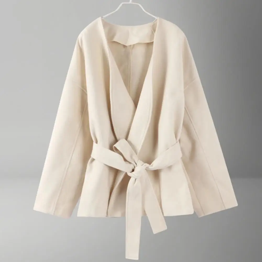 

Lady Winter Warm Overcoat Casual Women Outerwear Women Coat Thick Loose Short Trench Coat With Belt Open Front Peacoat Jacket