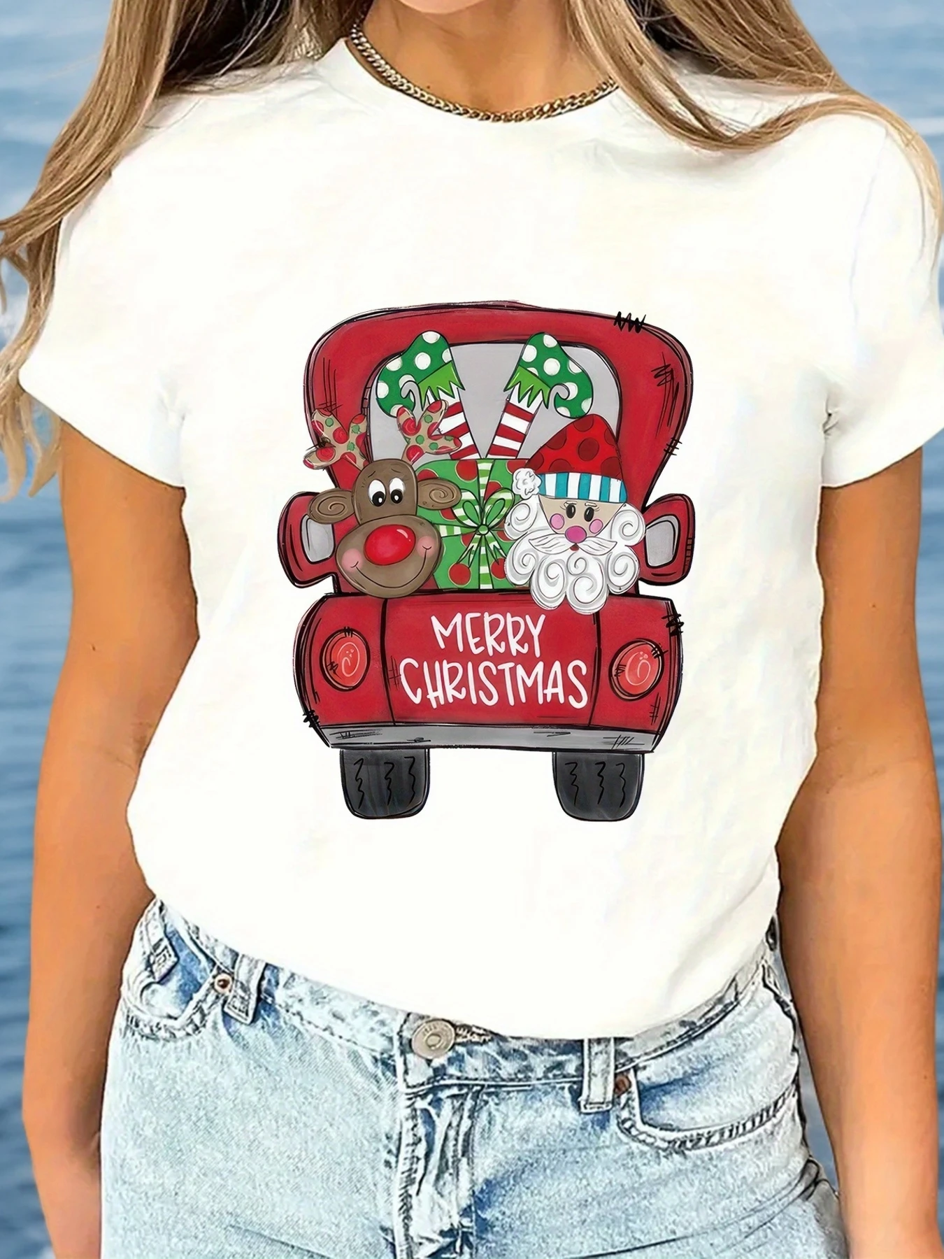 تي شيرت برسومات سيارة عيد الميلاد المجيد الاحتفالي للنساء - 100%، رقبة دائرية، بلوزة كاجوال بأكمام قصيرة مع طباعة للعطلات، مثالية