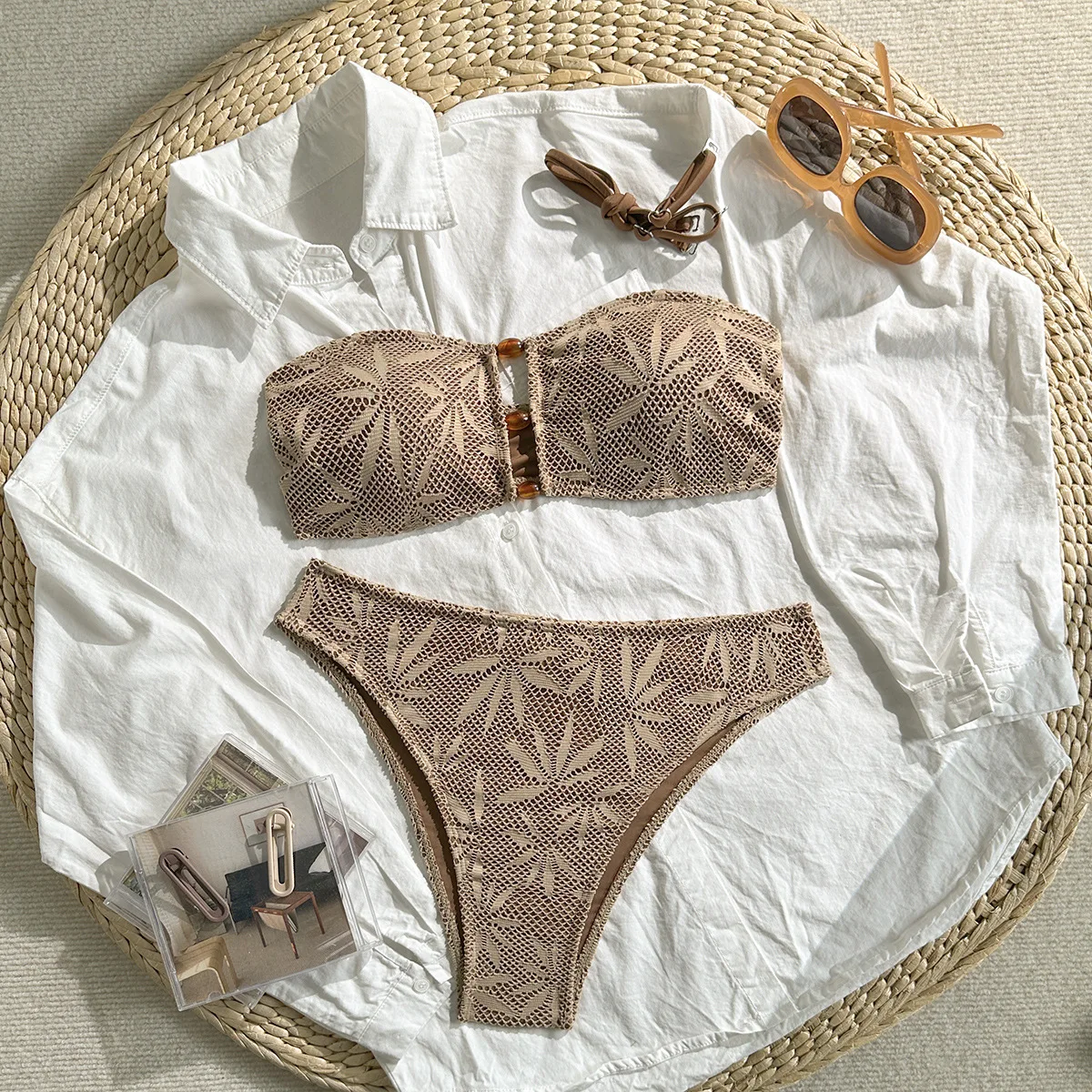 

sexy hollow out bandeau beads bikinis sets two pieces plain swimsuits bathing suit beach outfits swimwear biquini tankini