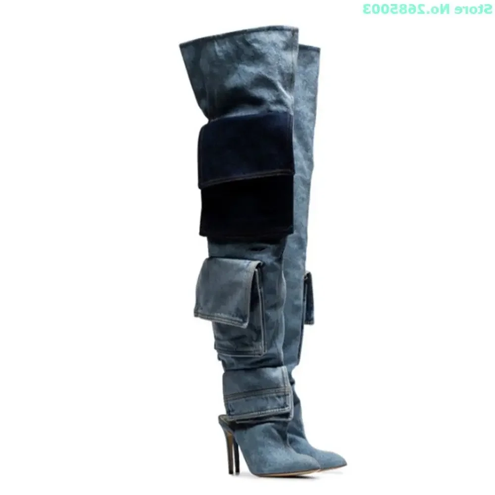 Patchwork Denim Pocket Boots Pointed Toe Over The Knee Thin High Heels Slip On Sexy Women Autume Winter Party Dress Boots Shoes