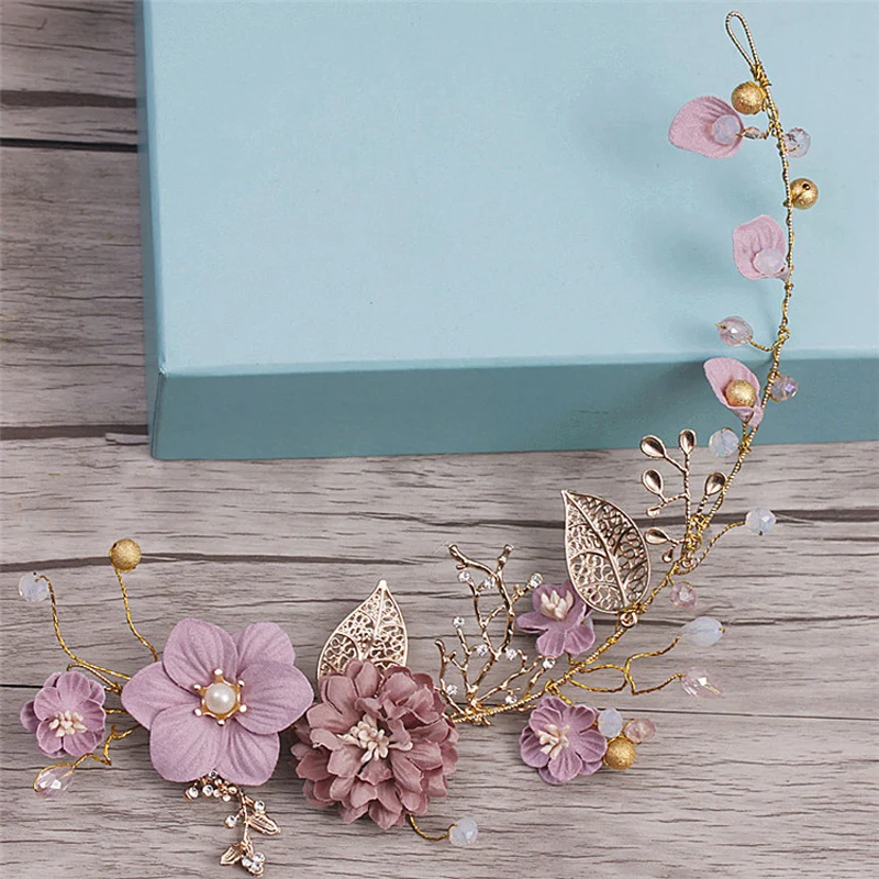 Long Hair Jewelry Pink Flower Headband Wedding Hair Ornaments Headband Bride Headdress Handmade Bridal Wedding Hair Decoration