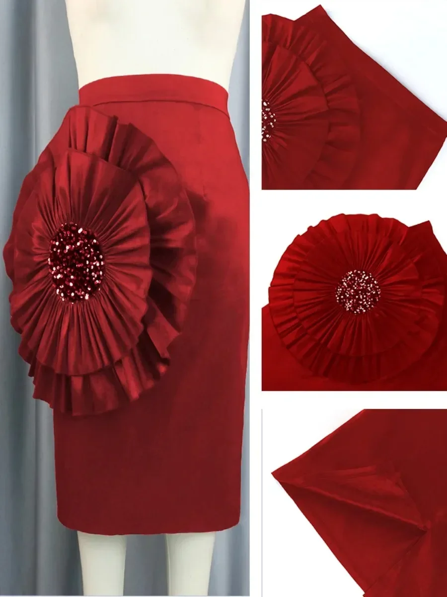 Imperium Rokken Rode Rechte Bloem Appliqueert Glanzende High Street Avond Cocktail Party Pakket Hip Midi Rok Voor Vrouwen 2024 Nieuw