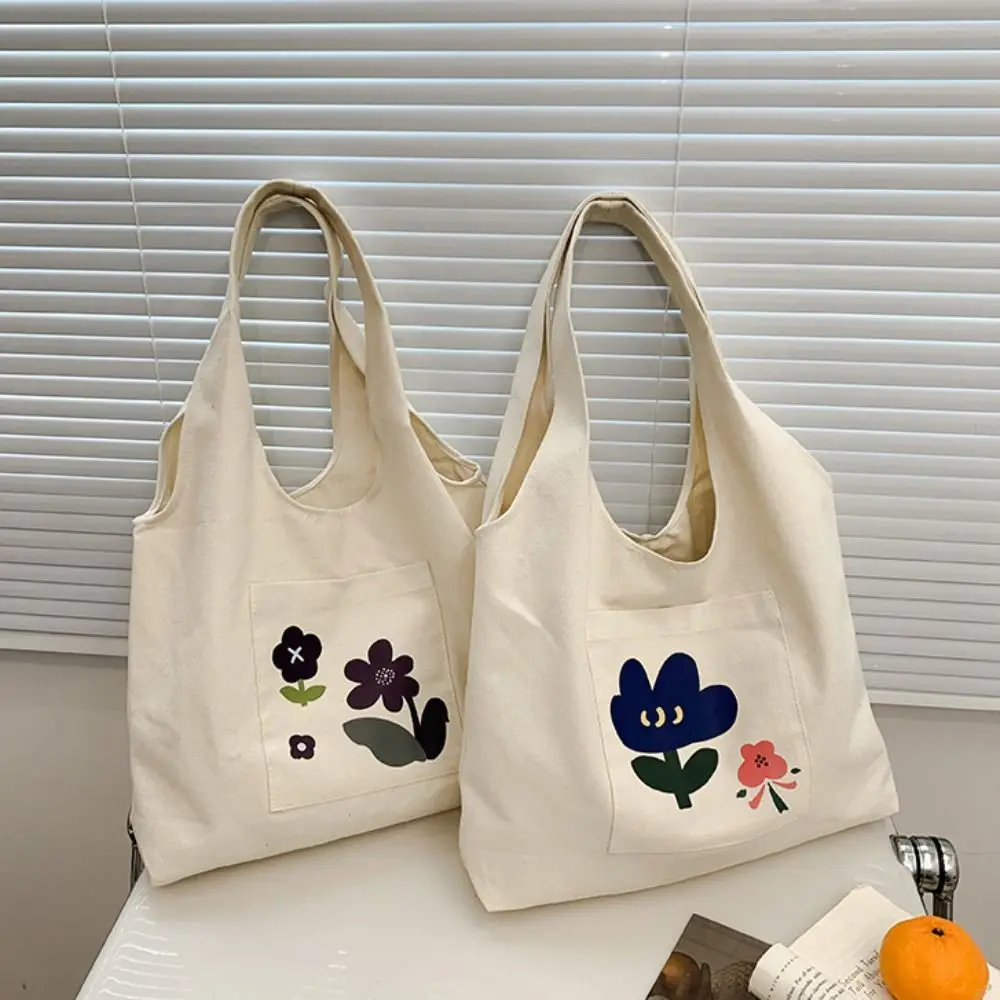 

Cute Korean Style Flower Tote Bag Versatile Large Capacity Canvas Shoulder Bag Handbag Sweet Women's Armpit Bag Girls