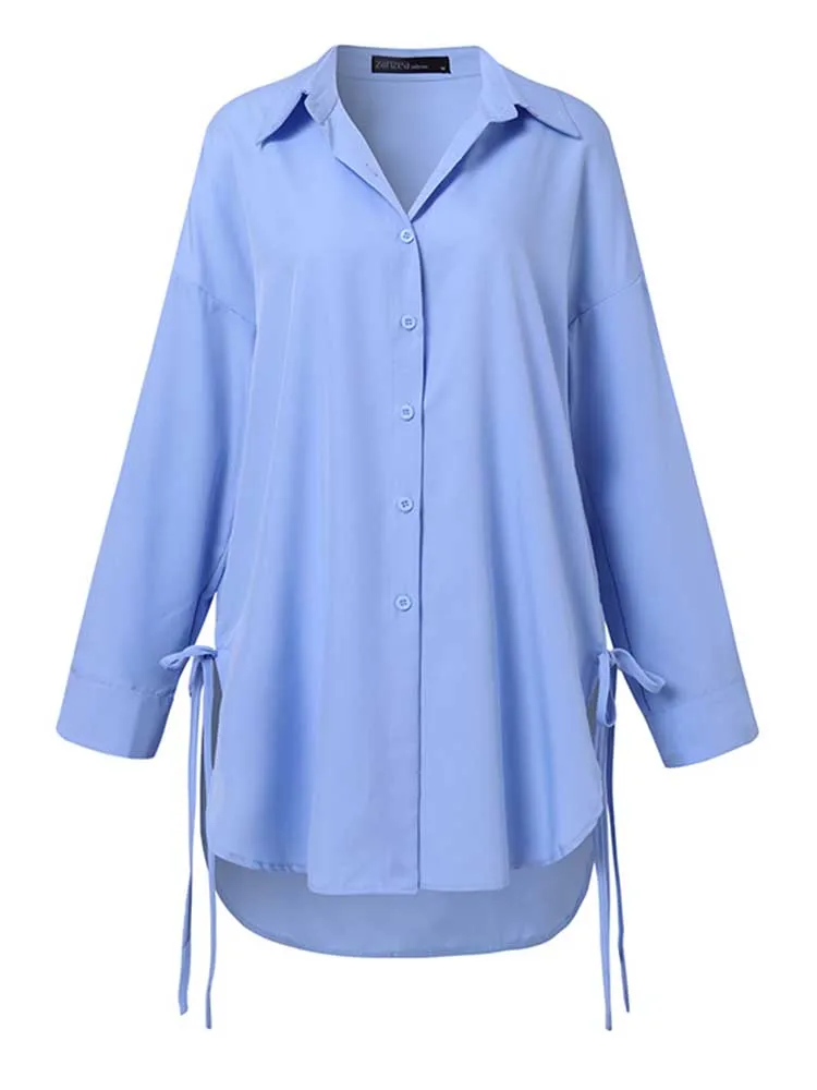 Stylish Solid Shirts Women\'s Asymmetrical Blouse 2023 ZANZEA Casual Lace Up Blusas Female Button Lapel Shirt Oversized Tunic