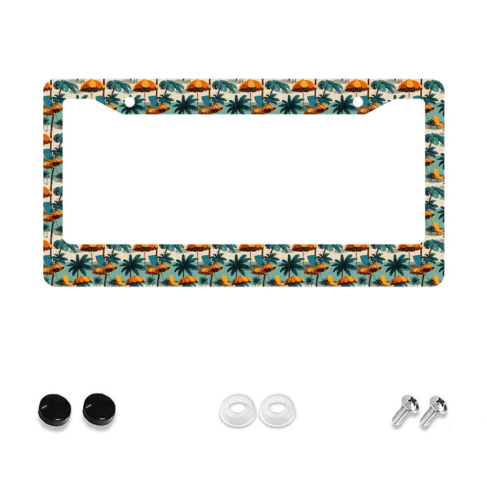 

1pc Retro Blue Orange Palm Tree Pattern 2-Hole License Plate Frame Aluminum Material 6x12 Inches with Screw Kit Fun Car Decorat