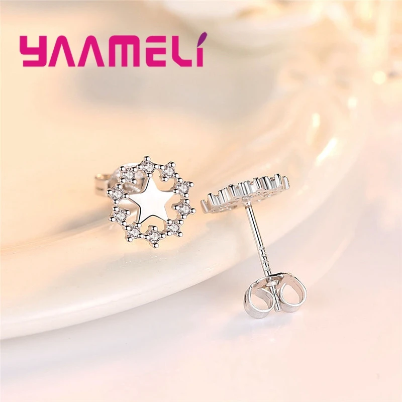 Luxury Shiny 925 Sterling Silver Star Shape Crystal Cubic Zircon Stud Earrings for Women Girls Holiday Party Trendy Jewelry Gift