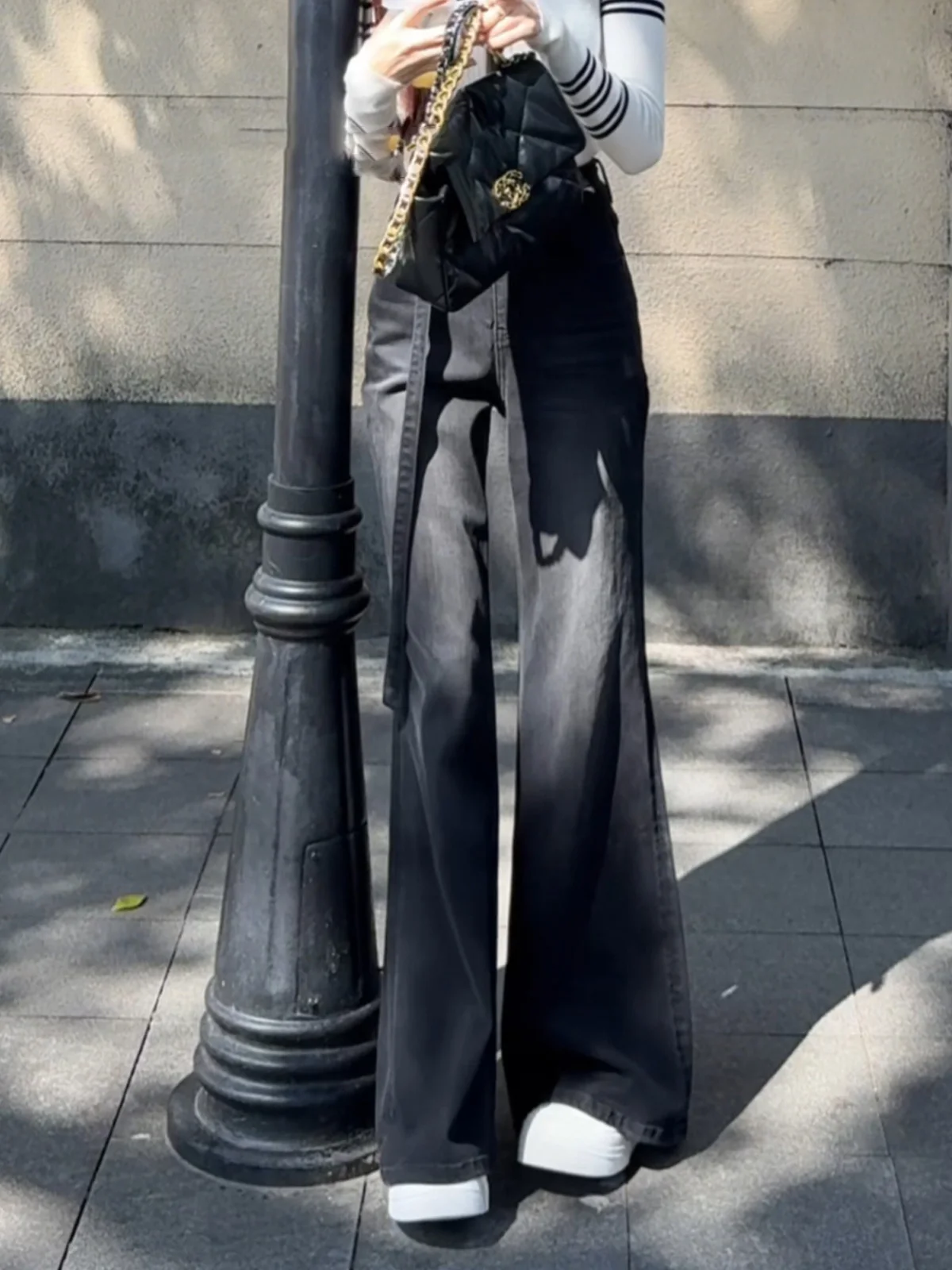 

Faionable расклешенные джинсы с высокой талией, женские зимние новые утягивающие широкие брюки, повседневные джинсовые брюки Bla ey, высокая эластичность