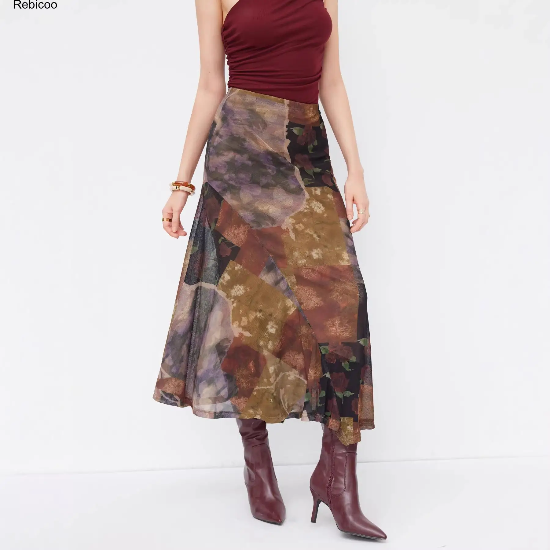 Women's Vintage Floral Print Midi Skirt, High Waist A-Line Pleated Long Skirt with Abstract Pattern for Autumn Winter Casual