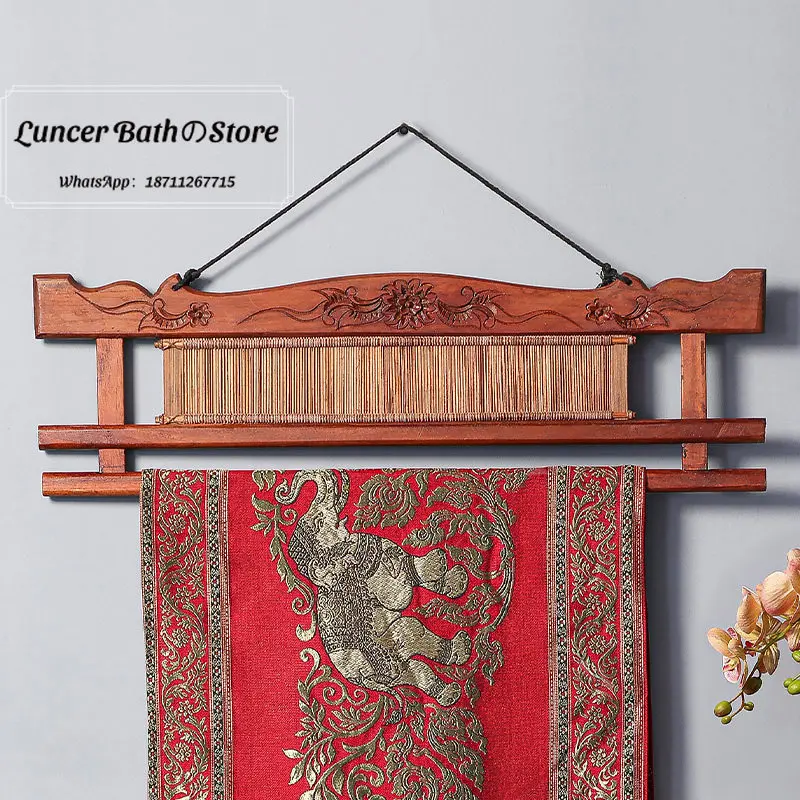 Southeast Asian Style Wall Hanging Scarf Rack, Bamboo Wood Table Runner Display Holder for Living Room, Hallway Decor