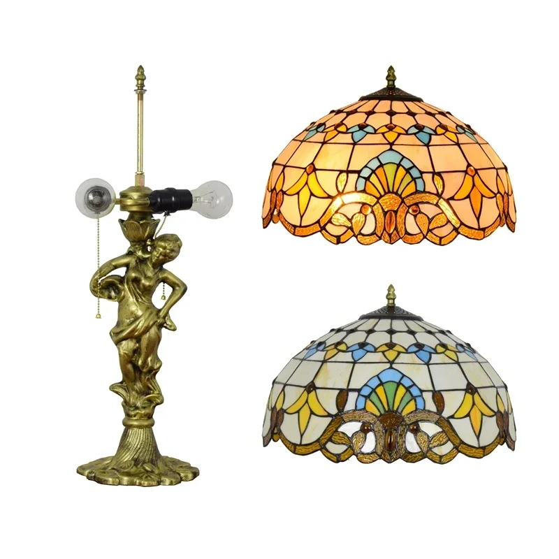 Antique Tiffany Stained Glass Table Lamp Decor Resin Base Table Lamp for Bedroom Reading Desk Baroque Style Desk Lamp