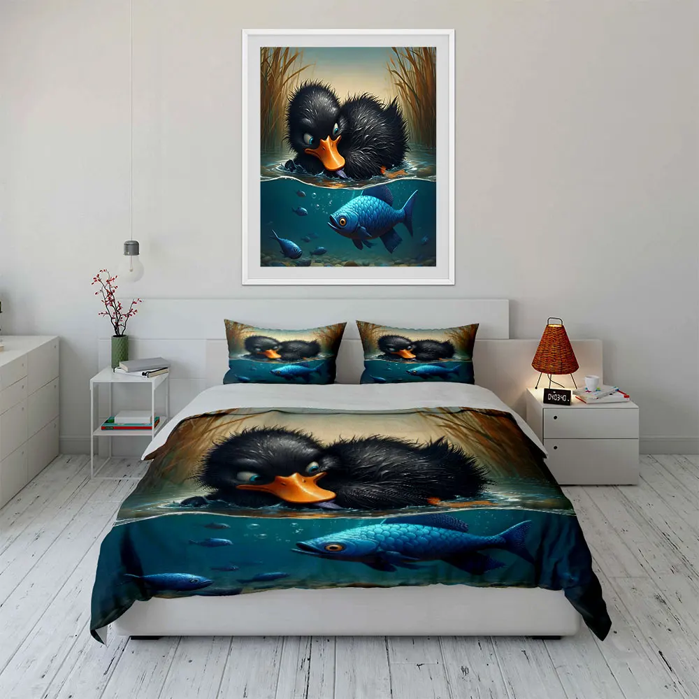 Black duckling observes blue fish Pattern Duvet Cover Set Digital Print Colorful Polyester Bedding with Zipper Closur gifts