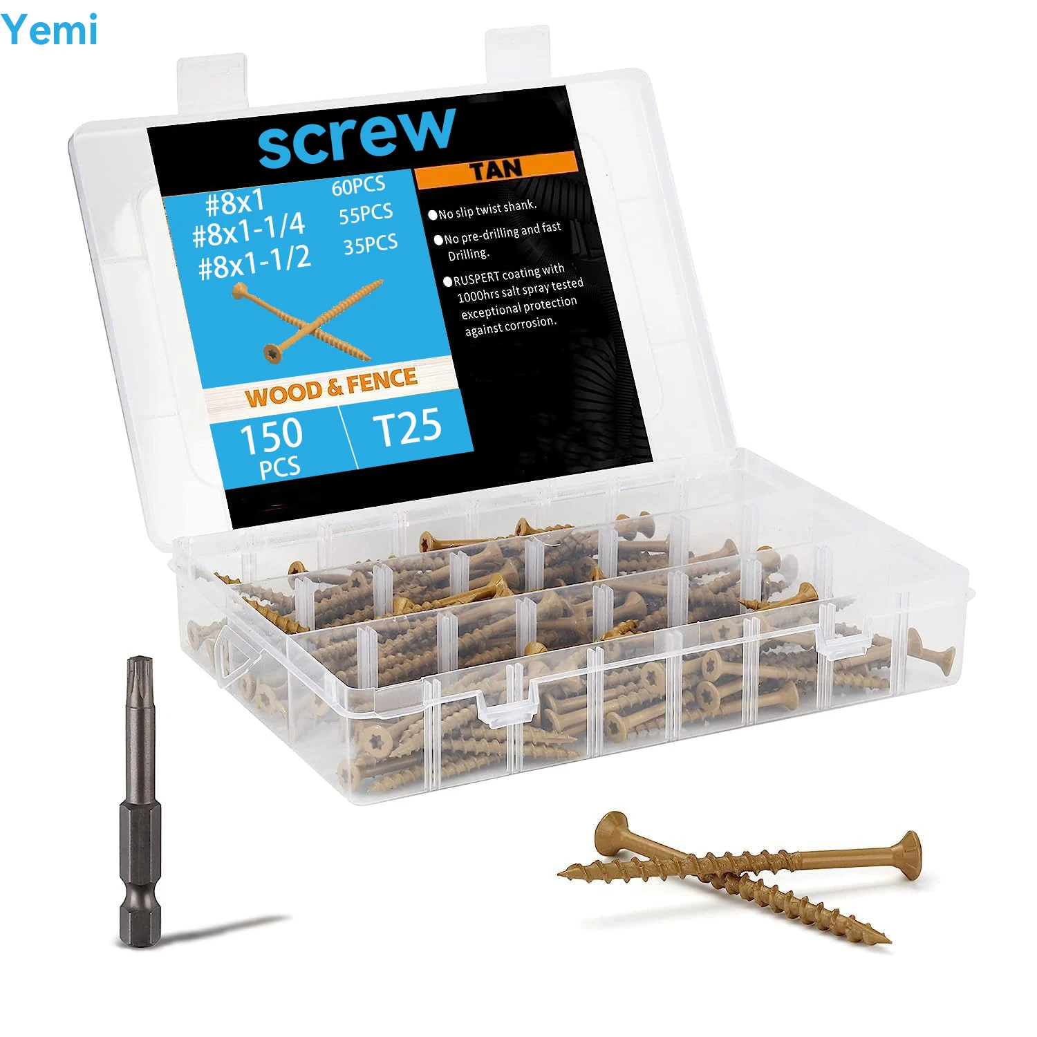 Wood screws 150 pieces #8, anti-rust, external epoxy resin coating, flat head type, equipped with 1 T25 star-shaped drill bit