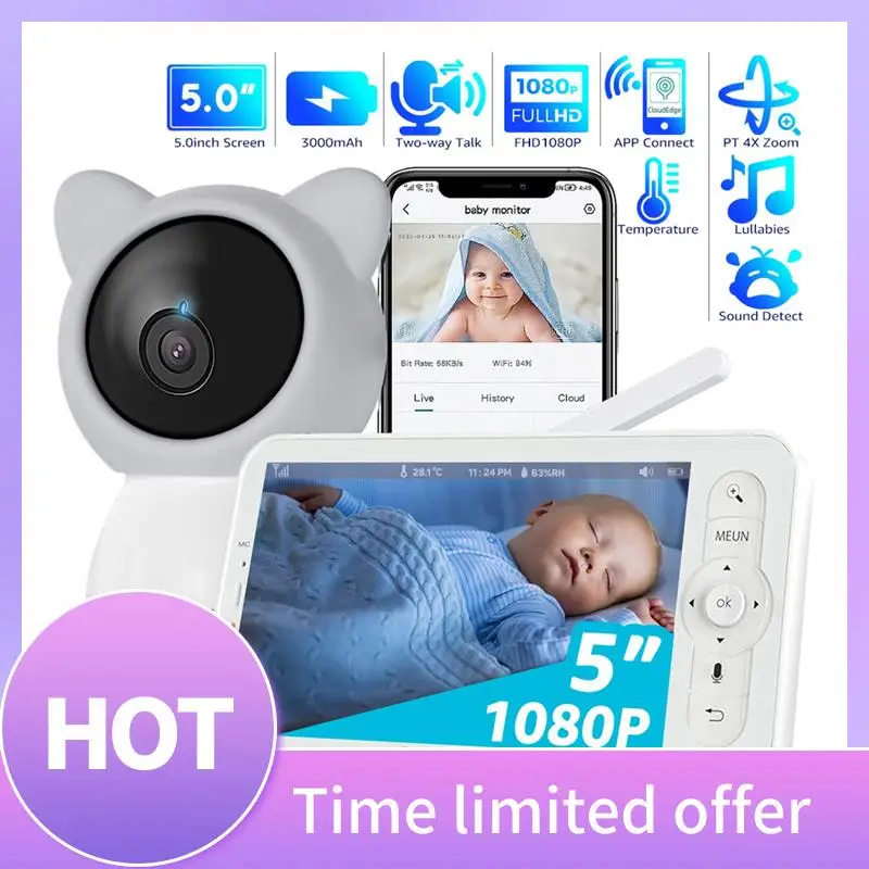 

Радионяня HD Wi-Fi с приложением, 5-дюймовая детская камера с зумом 1080P, ночное видение, двусторонняя связь, аккумулятор 3000 мАч, прочный штекер 1000 футов-британции