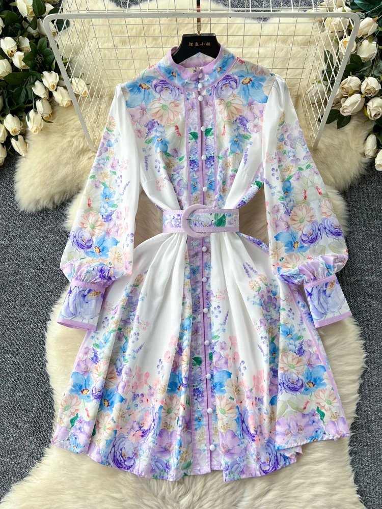 

Women Elegant Vintage Print A-line Dress Spring New Stand Neck Lantern Sleeves High Waist A-line Party Vacation Short Dresses