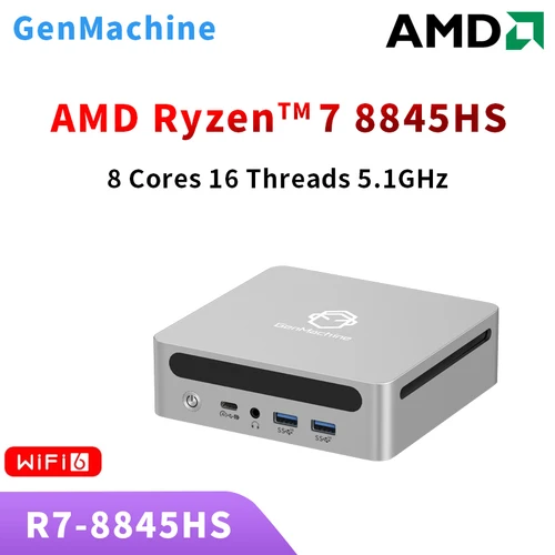 Genmachine 미니 PC 윈도우 11 와이파이 6 게임용 PC, 8 코어 16 스레드 CPU 지원, DDR5 4800MHz 램 디스플레이 컴퓨터, R7 8845HS, 신제품 