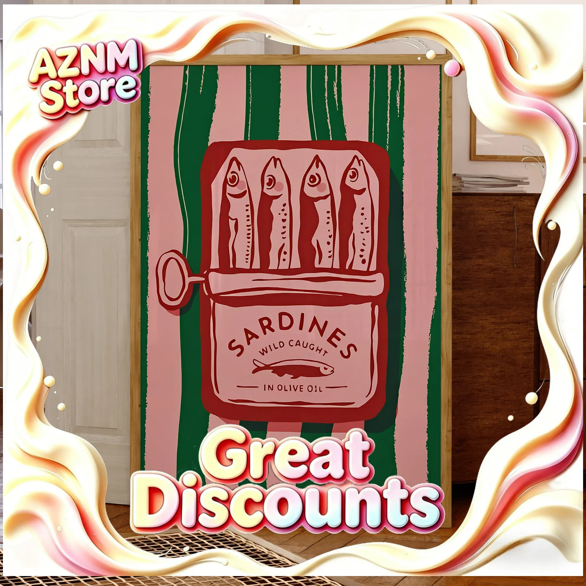 Impresión en lienzo de dibujos animados vintage de aceite de oliva y sardinas, arte de pared retro para cocina, póster, imagen para decoración del hogar, sala de estar y dormitorio