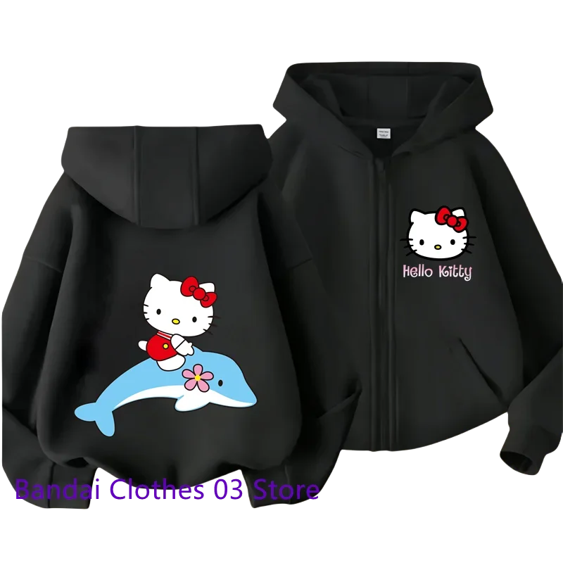 Kawaii Hello Kitty New Pin Zipper Hoodie Girls Sweatshirt Autumn/Winter Long Sleeve Jacket Harajuku Jumper Pin Casual Hoodie Top