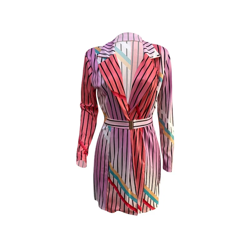 Indie Striped Multicolor Blazer Dress with Free Metal Buckle Belt Women Plus Size Mid-Length Dress Style Casual Office Blazer