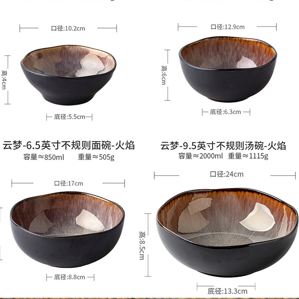 Japanese Glaze Ceramic Tableware Set Irregular Wavy Edge Plates Bowls Vintage Rustic Stoneware Dinnerware for Home Restaurant view 5