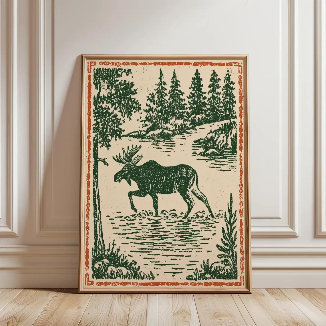 Vintage Moose Linocut Poster, Green and Orange Forest Scene