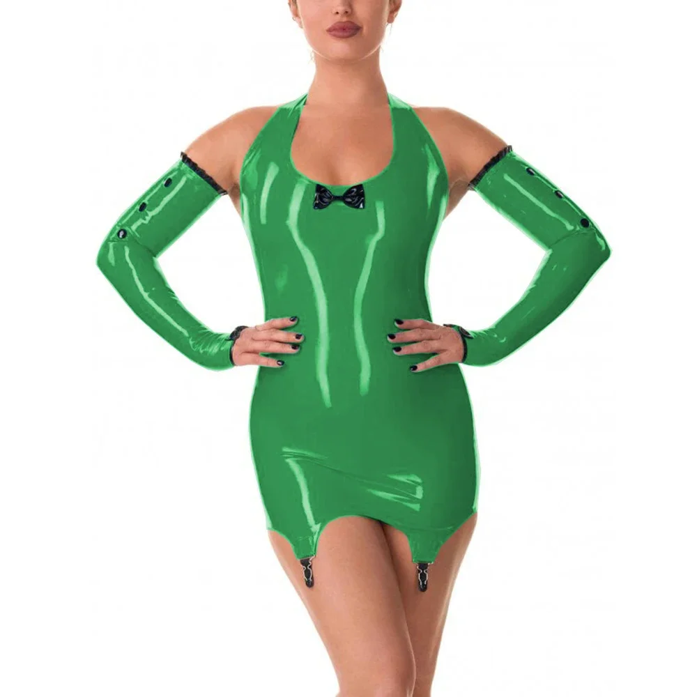 نظرة الرطب براءات الاختراع والجلود الرسن فستان قصير مثير عارية الذراعين Bodycon فستان مع مقاطع الرباط أكمام أذرع تبريد نادي الحفلات مع قفازات