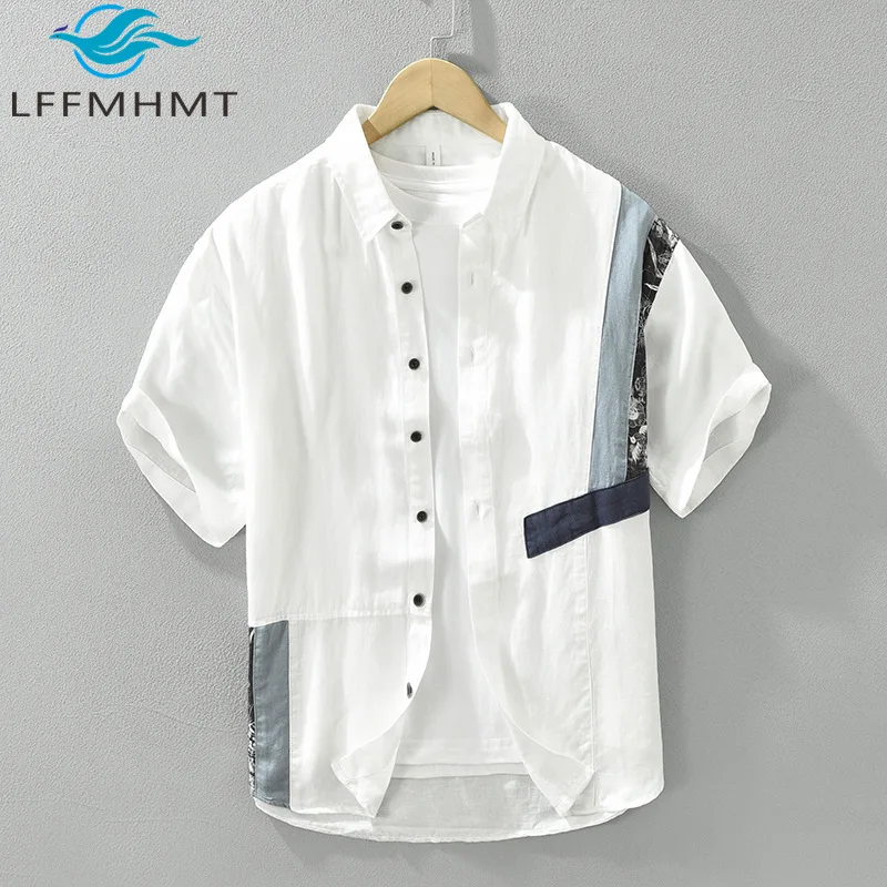 8082 Linen Blended Creative Patchwork Short Sleeve Men's Shirt Summer Fashion Good Quality Slim Casual Daily Lapel Blouse Male