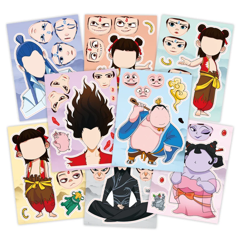 8Pcs/Set Nezha Face Changing Set Personalized CreativeMake a faceGraffiti Stickers for Earphones, Refrigerators, and Notebooks