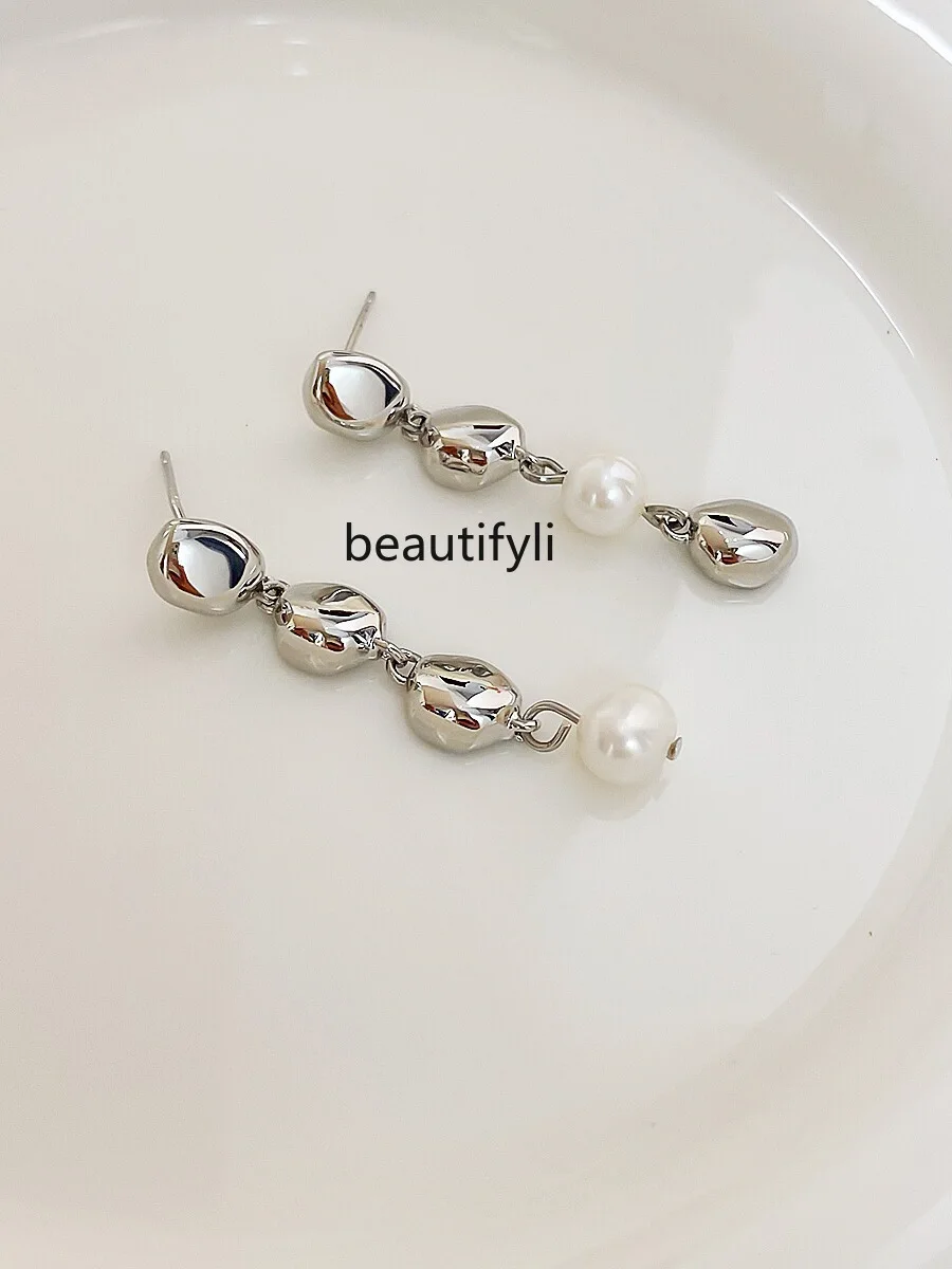 

Fashion Pearl Tassel Earrings Personalized Long Stitching Asymmetric Silver Pin Earrings Silver