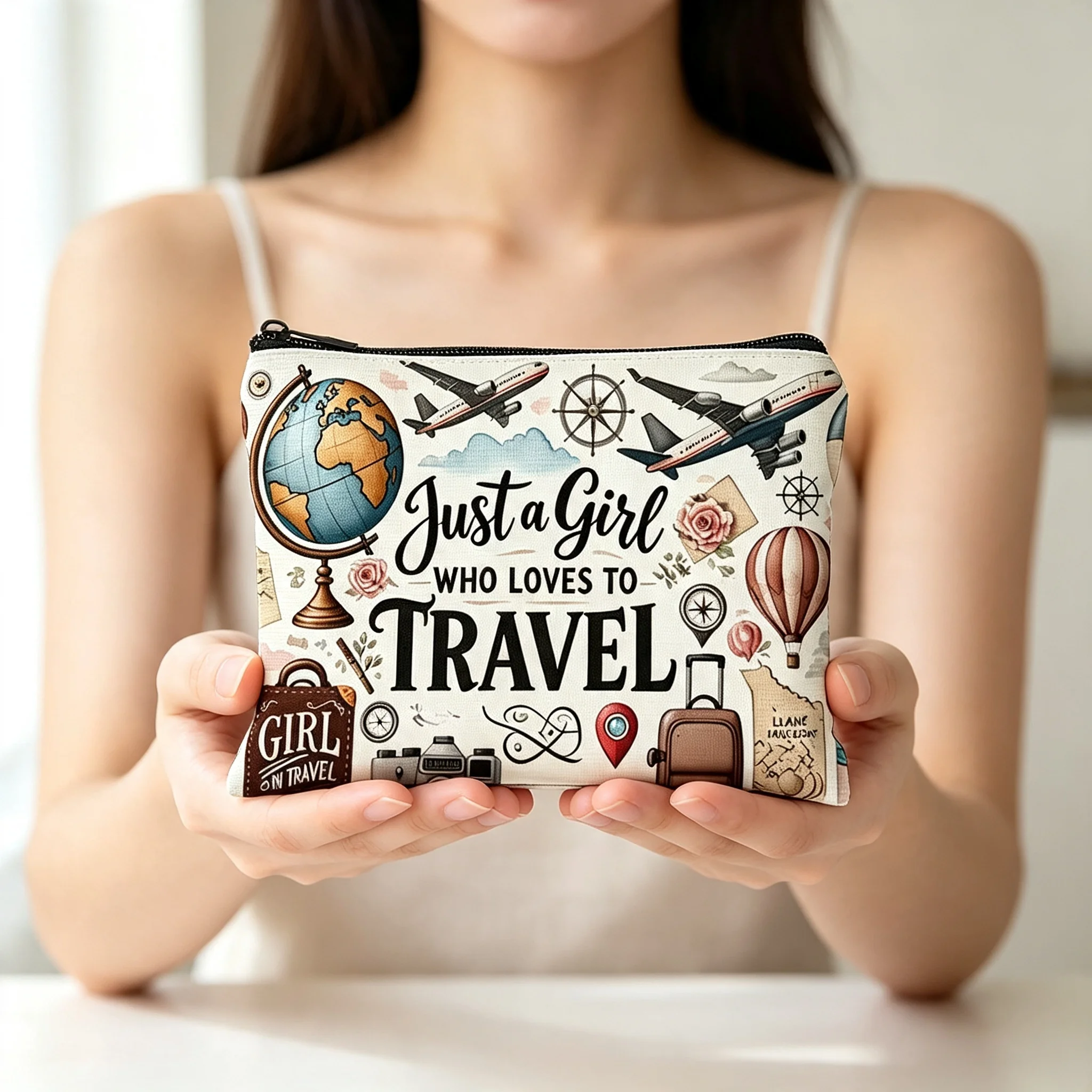 Vintage Travel Pattern Cosmetic Pouch for Women World Globe Print Portable Zipper Travel Makeup Organizer Storage Handbag