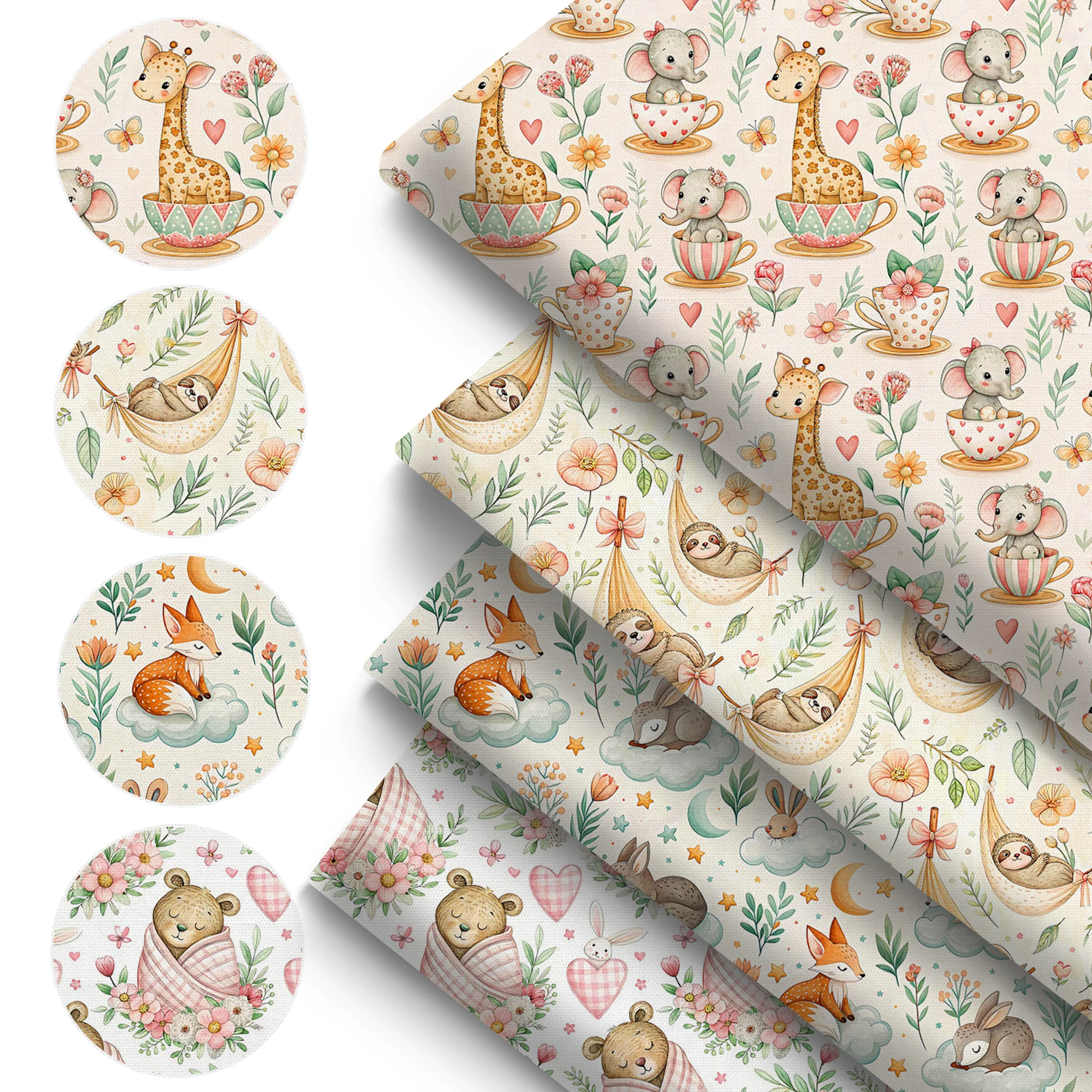 Pre-cut 4pcs/set Baby Animal Print Quilting Fabric | 7.87x7.87 Inches (20x20cm) Polyester Fabric