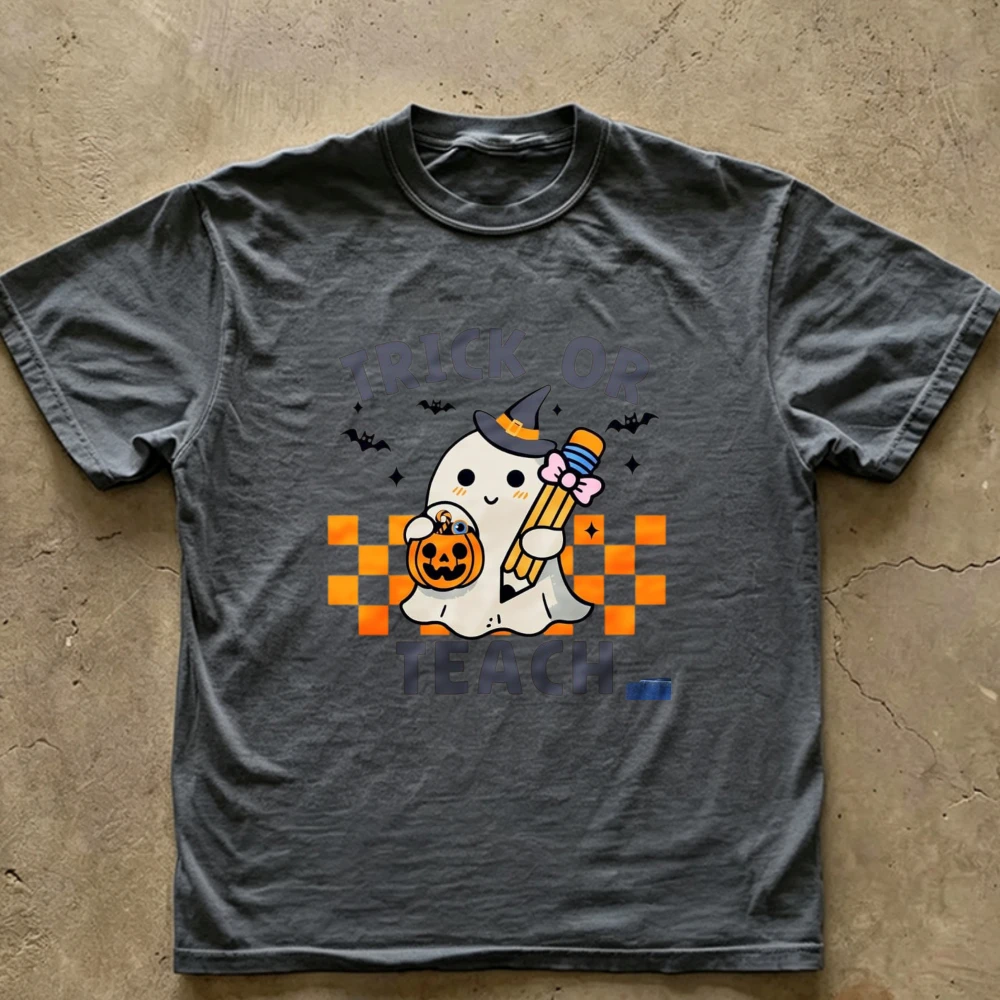 Trick or Teach Ghost Teacher T‑Shirt Funny Halloween Ghost Witch Hat Pumpkin Pencil Graphic Tees Casual Short Sleeve Cotton Tops