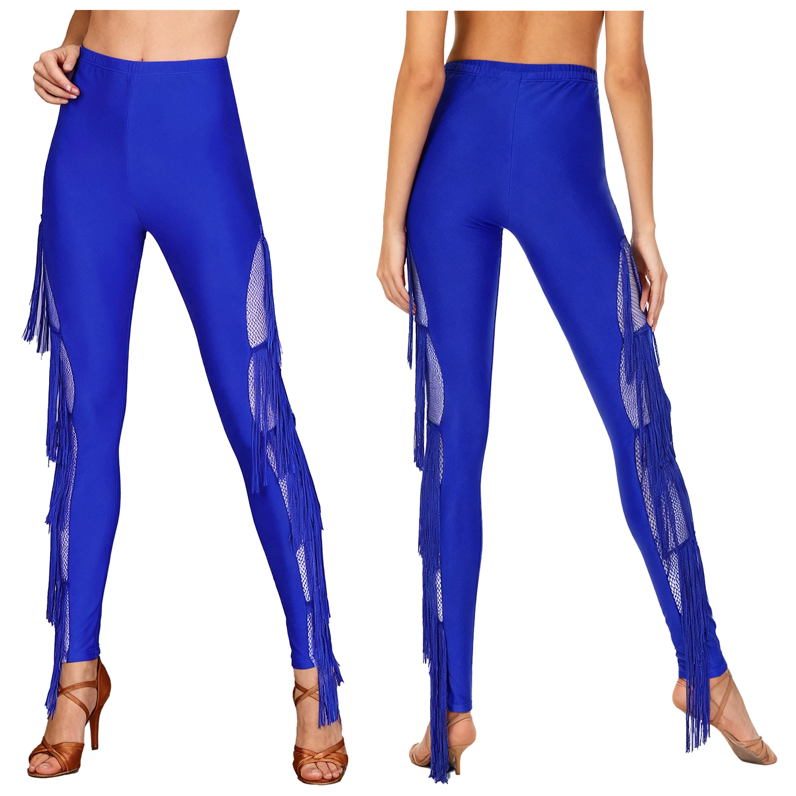 Leggings da allenamento per yoga da donna Patchwork in rete trasparente con pantaloni skinny con nappa a strati Pantaloni per costumi da ballo Chacha Tango Salsa