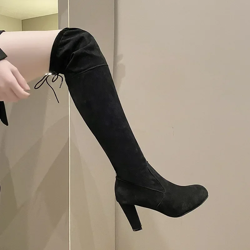 

Женские черные сапоги выше колена, женские осенне-зимние пикантные прозрачные высокие каблуки, длинные сапоги, женские слипоны, носки, Botas, большие размеры 43