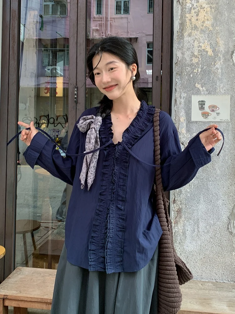 

Французская женская свободная блузка с длинным рукавом и V-образным вырезом, с деревянным узором, весенняя новинка, модный дышащий и удобный топ