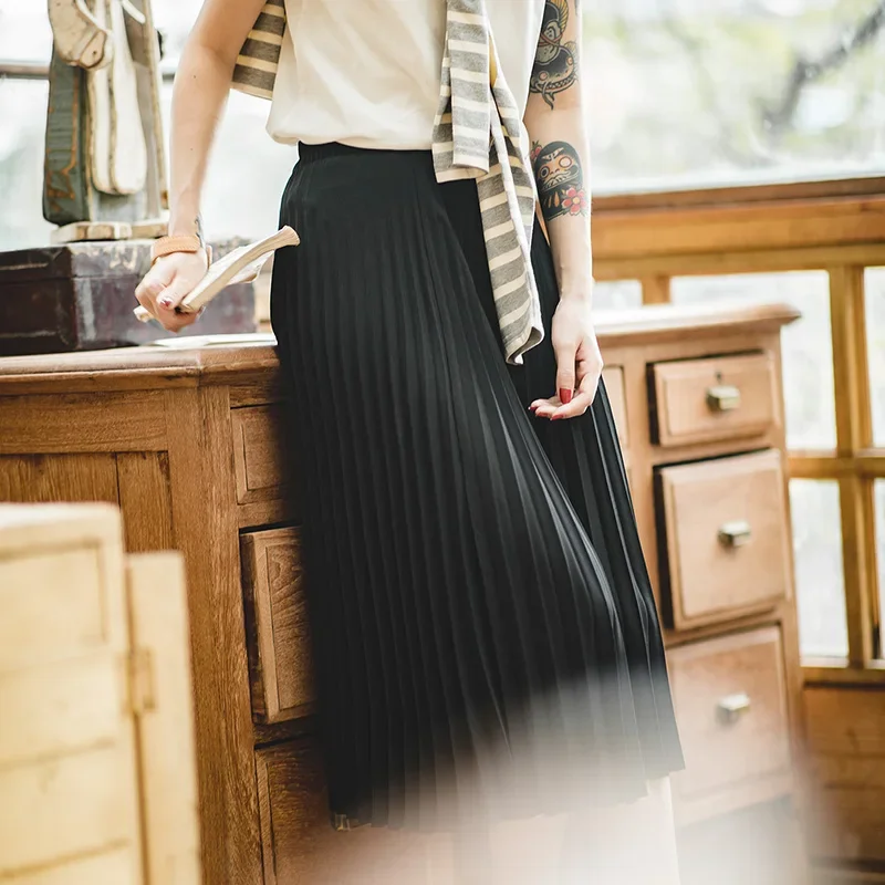 Maden Rok Lipit A-line Pinggang Tinggi Vintage Rok Panjang Hitam Komuter Kasual Fashion Korea Bawahan Mewah Warna Solid